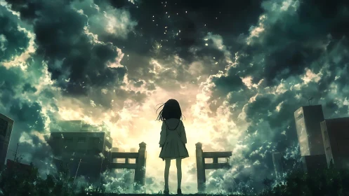 Backlit girl facing storm-lit sky over silent cityscape.