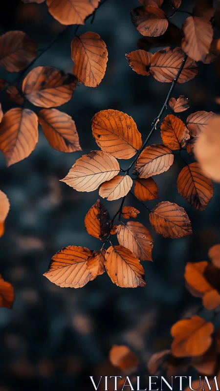 Gentle copper leaves drifting in a deep twilight hush.