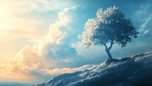 Solitary hilltop tree against luminous sunrise sky.