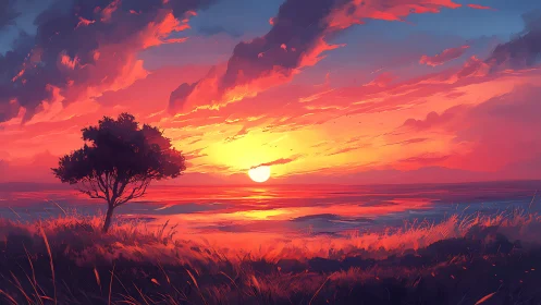 Sunset glow over quiet shore with one peaceful tree.