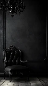 Dark interior shows black chair and chandelier arrangement