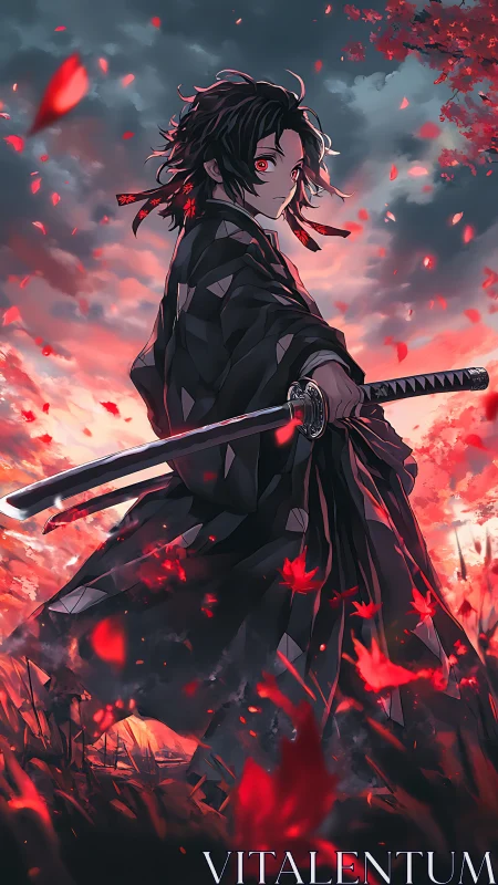 Sword-wielding anime warrior stands in red-lit sunset field