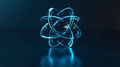 Glowing Blue Atom Illustration on Dark Futuristic Background.