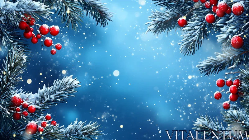 Snow-covered evergreen branches surround blue winter background