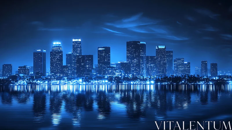 Neon blue city skyline reflects across calm waterfront