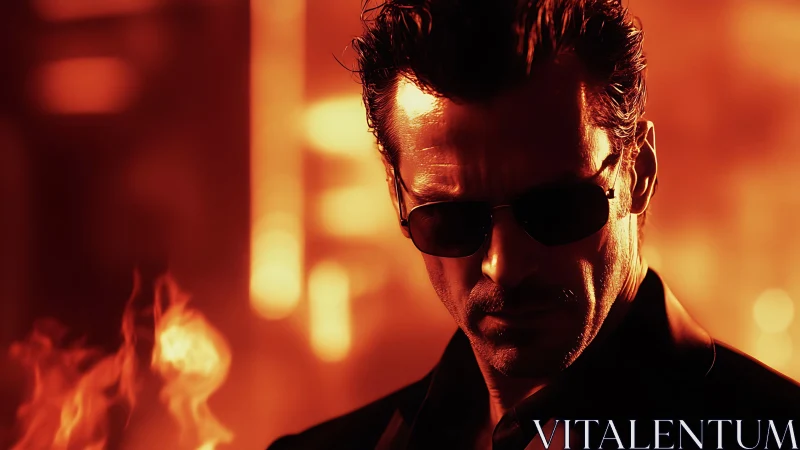 Cinematic close-up of man in sunglasses against fiery bokeh field