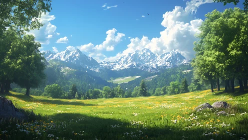 Mountain meadow extends toward distant snowy alpine peaks.