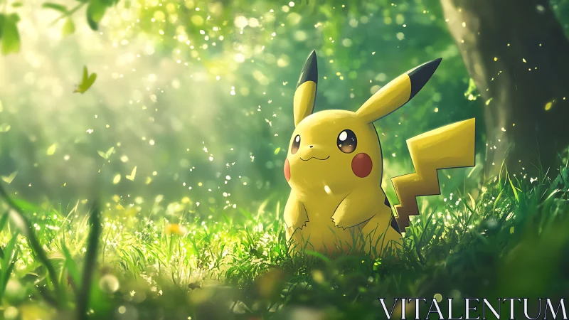 Sunlit forest moment with Pikachu in gentle green glow.