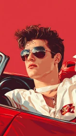 Retro pop art portrait of driver in red convertible coupe.