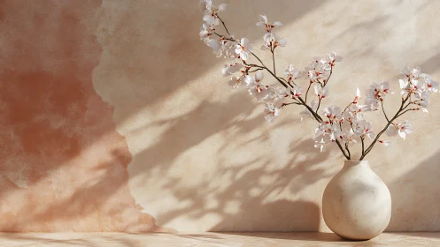 Soft sunlit blossom branches in a minimal clay vase still life.