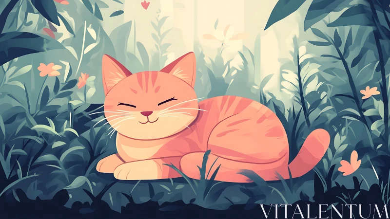 Serene Cat in Garden Among Blooming Flowers.