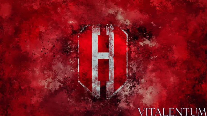 Shattered red shield emblem with bold central monogram.