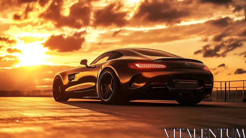 Luxury black sports coupe under dramatic sunset sky.