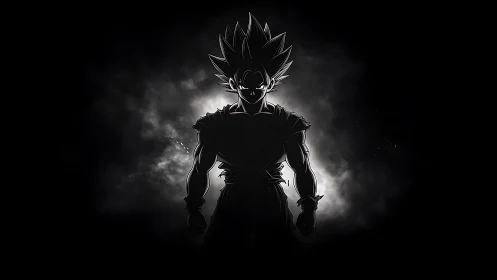 Silhouetted spiky haired fighter against smoky backdrop.