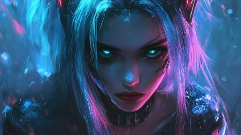 Cybernetic female portrait with neon blue and magenta lighting.