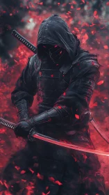 Shadow ninja warrior in red embers and dark armor.