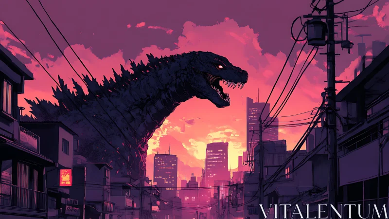 Colossal reptilian kaiju intersecting neon dusk city grid.