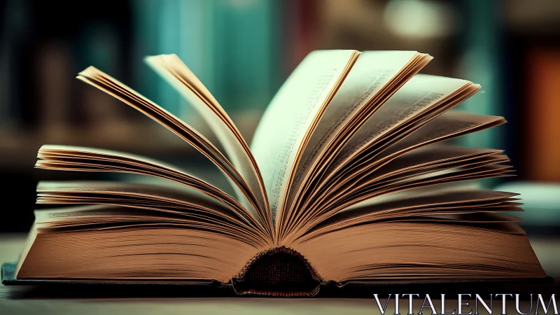 Hardcover book lies open with evenly fanned pages on desk