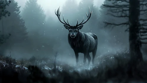 Stag stands in misty conifer forest with diffuse backlighting