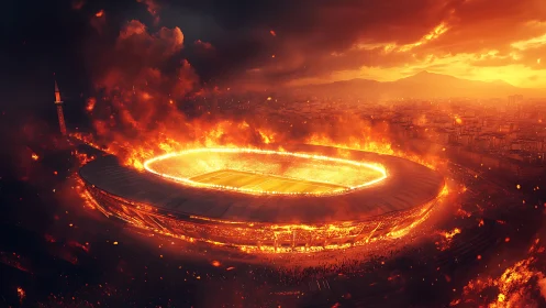 Blazing stadium glows like a fiery heart above the city.