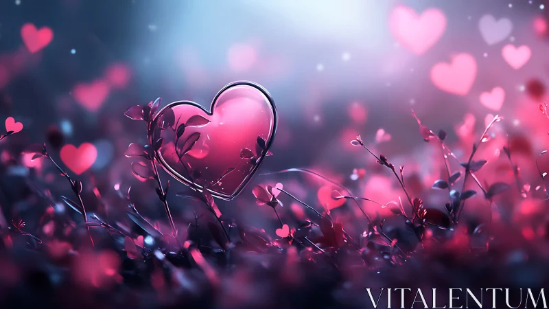 Luminescent Glass Heart Suspended Among Glowing Bokeh Particles