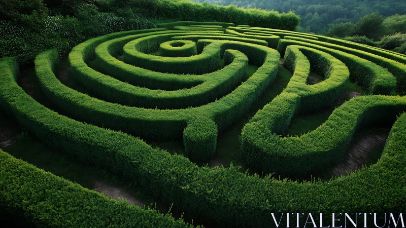 Spiral topiary hedge labyrinth in dense forested landscape
