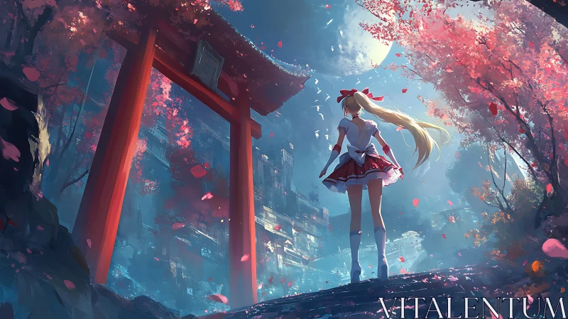 Anime shrine guardian under moonlit sakura gateway composition.