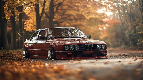 Stanced classic BMW sedan rendered in shallow-depth autumn light