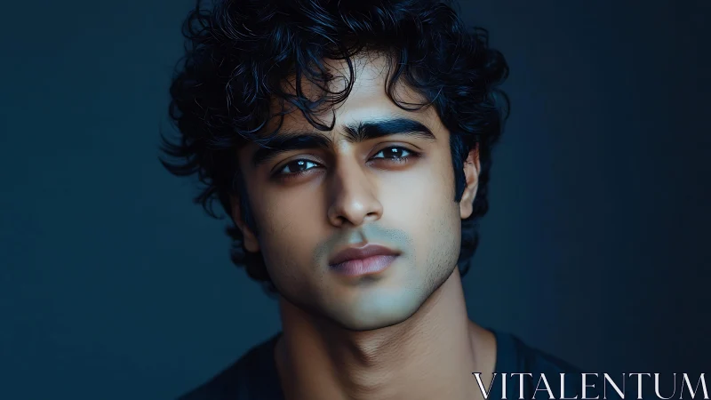 Quiet blue-toned portrait of a thoughtful curly-haired man.