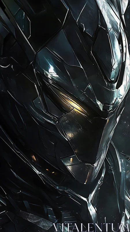 Close-up of dark armored synthetic head with lit visor.