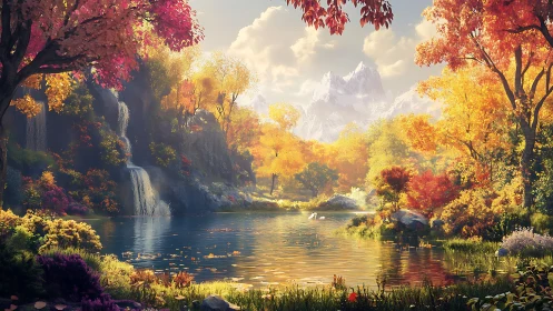 Autumn valley lake reflects waterfalls under crystal peaks.