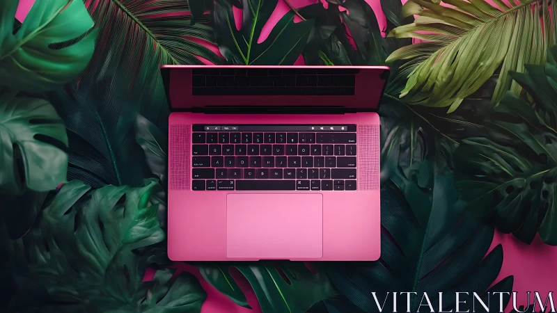 Pink laptop positioned among large tropical leaves.