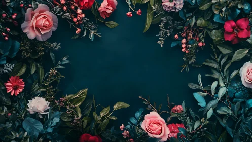 Deep Teal Floral Arrangement with Pink Roses and Red Blooms