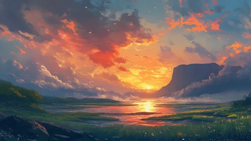 Digital sunset lake with glowing clouds and distant mesa.