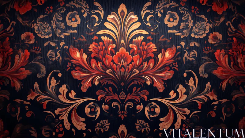 Ornate red baroque floral damask on deep navy ground.