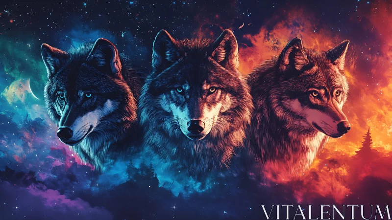 Triadic spectral wolves in dual chromatic nebula field.