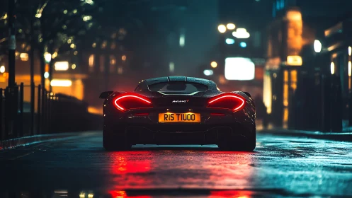 Rear view supercar on wet neon city street at night