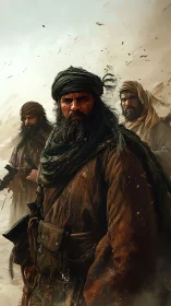Desert warriors stride forward through swirling sandstorm.