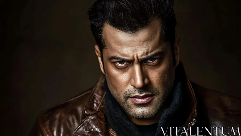 High-contrast male portrait with intense gaze and leather jacket