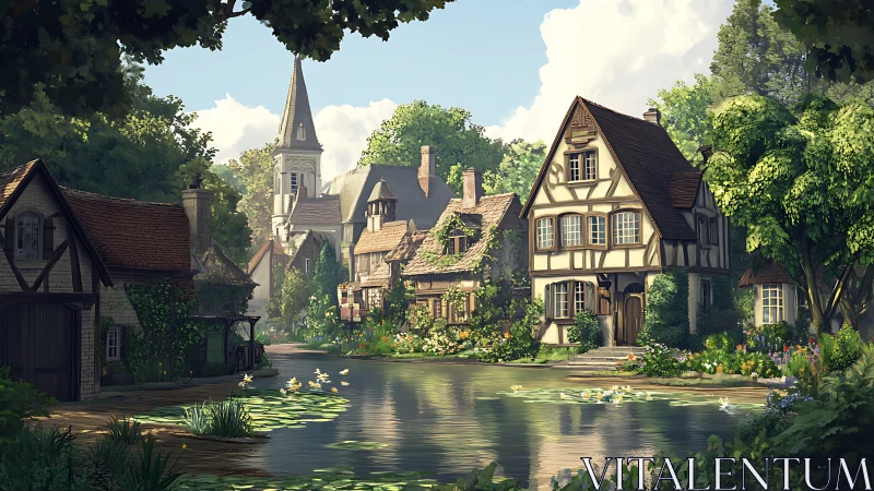 Idyllic riverside village rendered in detailed digital painting