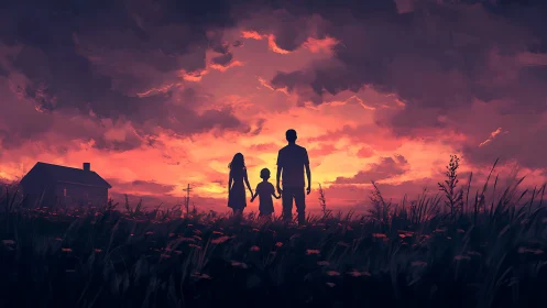 Silhouetted family catching fire in a stormy peach sky.