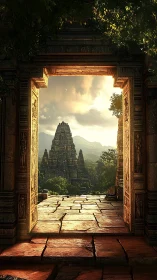 Sunlit temple gateway framing ancient jungle pyramid.