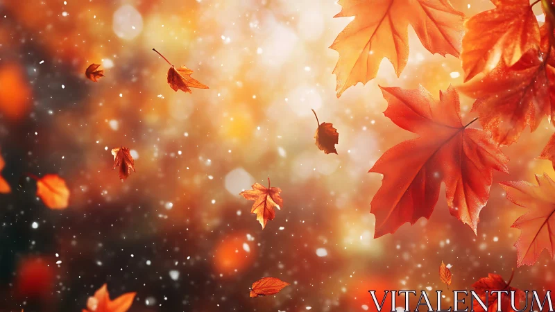 Autumn maple leaves drifting through glowing golden light.