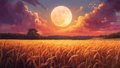 Harvest moon ignites a golden wheat sea at twilight.