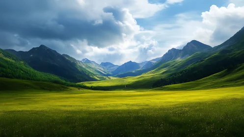 Sunlit valley meadow under brooding mountain guardians.