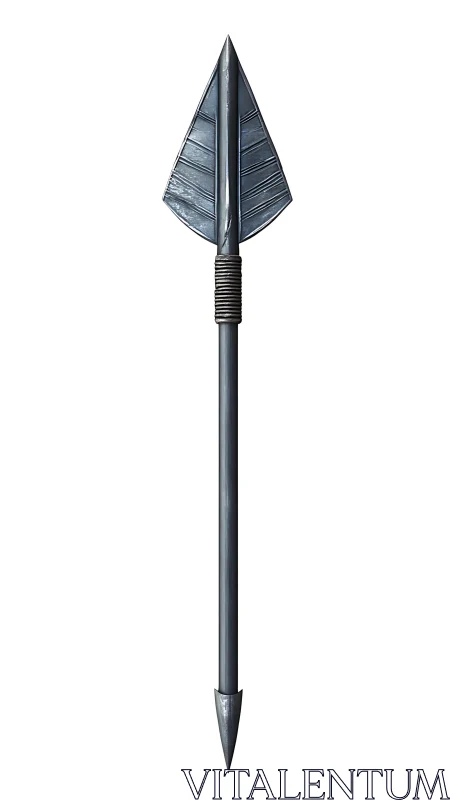 Symmetrical metallic spear with leaf-shaped blade geometry.