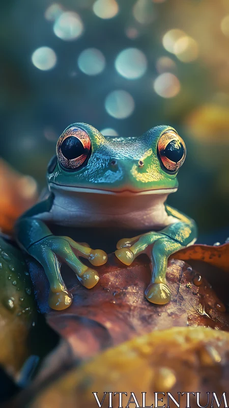 Iridescent tree frog close-up amid glowing forest bokeh.