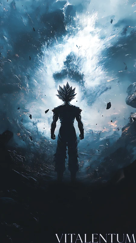 Silhouetted warrior stands before exploding blue energy vortex.