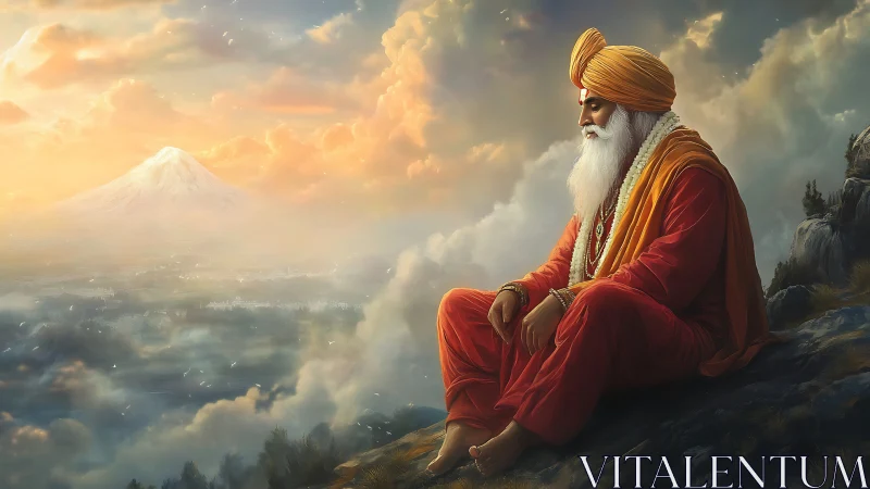 Meditative sage overlooks mist valley beneath glowing peak.