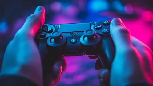 DualShock controller gripped under neon cyan and magenta lighting